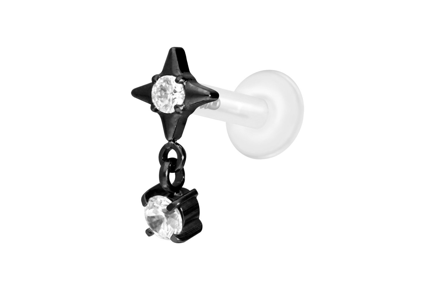 PTFE Labret Piercing mit Innengewinde + Titan-Aufsatz STERN + KRISTALL